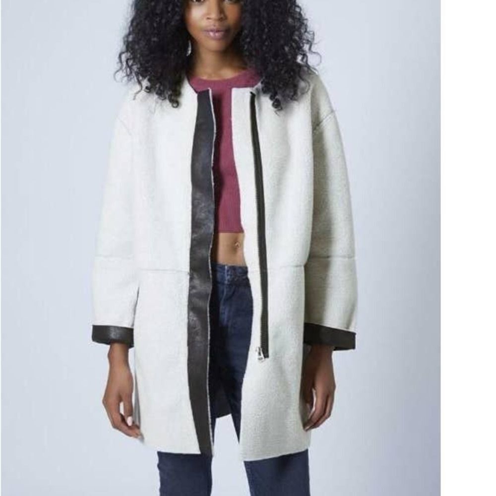TOPSHOP off White Faux Shearling Zip Coat  6
